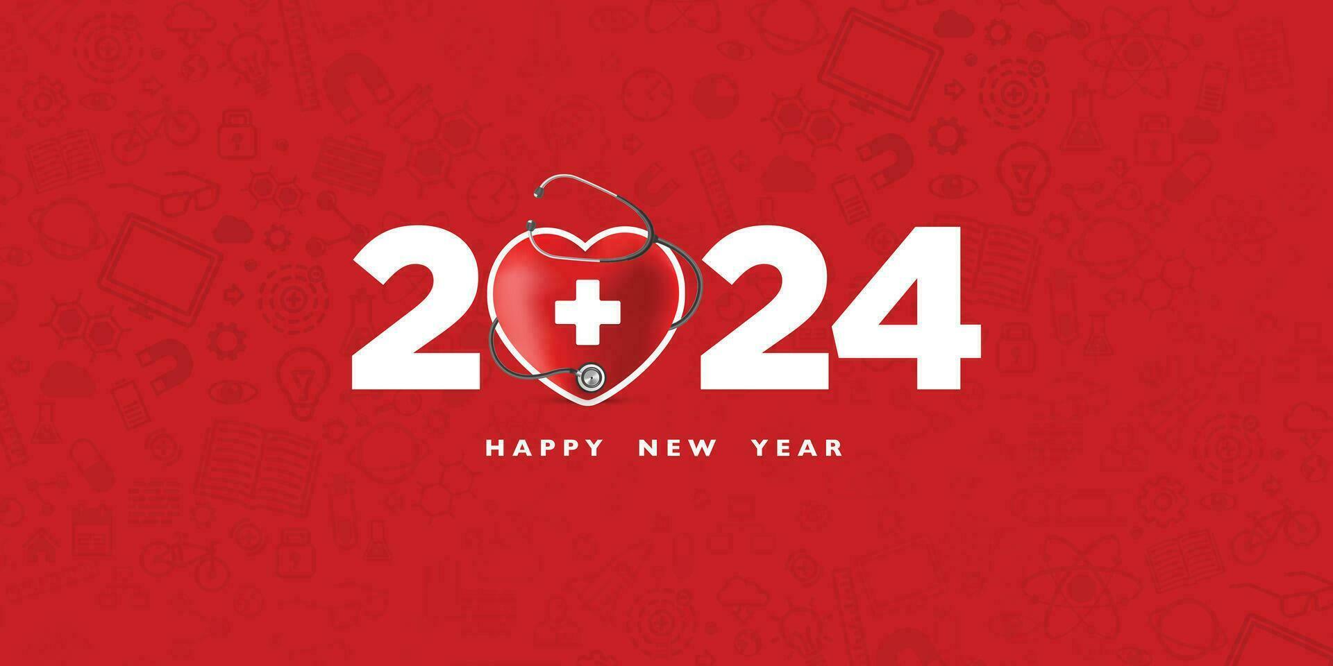 rojo Escuchó un médico firmar con estetoscopio 2024 en un rojo fondo, contento nuevo año para salud cuidado, seguro, bienestar y médico concepto. vector