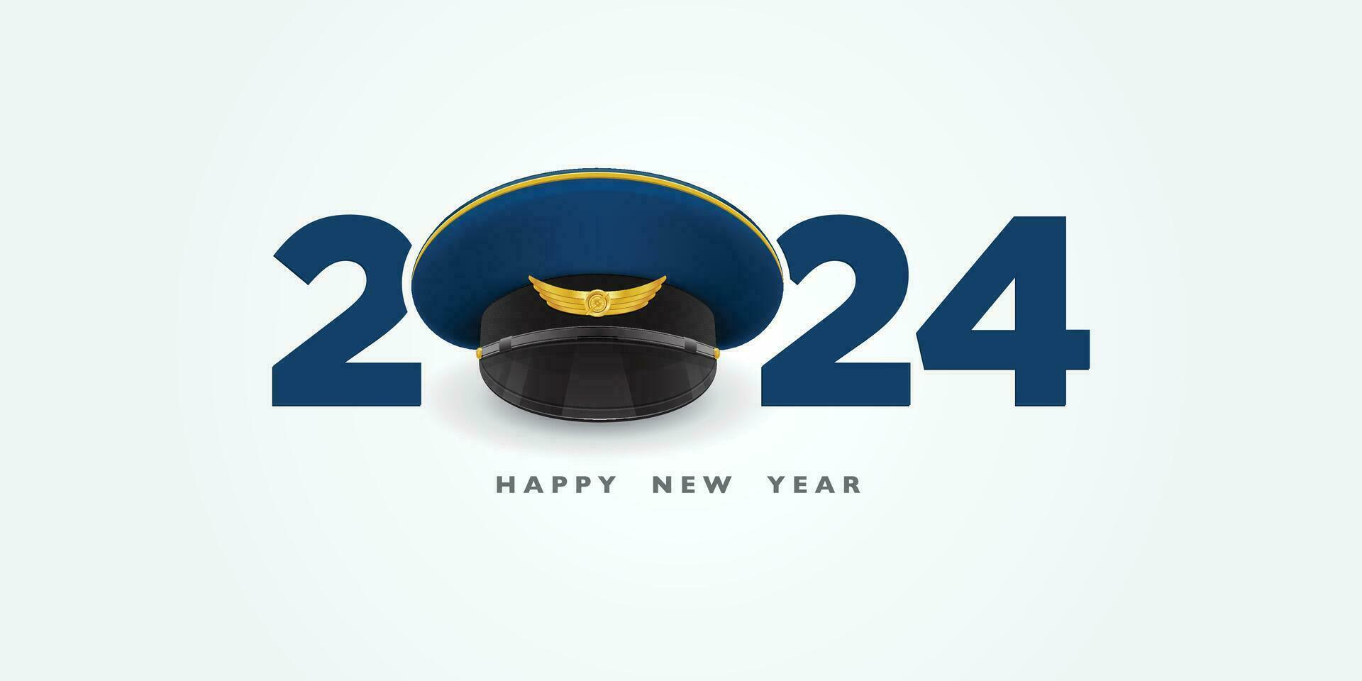 Happy New Year 2024 number with Pilot Captain cap on an isolated white background. Airplane, Captain, Pilot, Aeroplan crew New Year concept vector