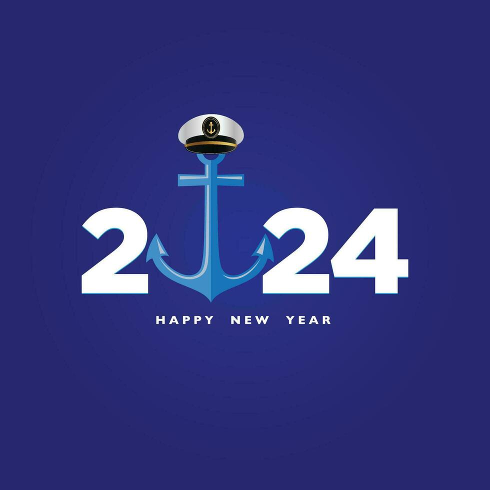 Navy New Year 2024 Concept, Navy officer, Soldier cap, Anchor, and Indian flag wave on isolated Background, Navy warships, Wishing Greeting Card. Beautiful Calligraphy of  Navy Day. Marine new year vector