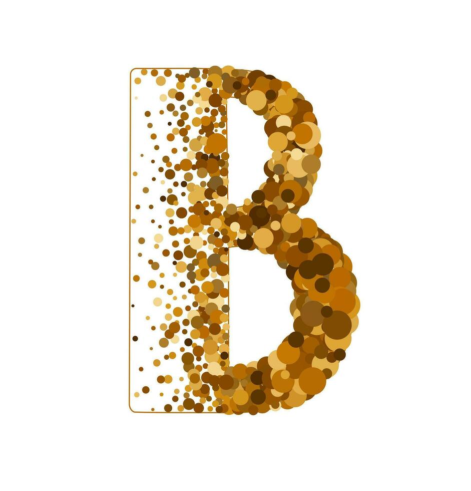 Letter B of Latin alphabet decorated with sand effect stipple texture vector illustration, round confetti dots grunge pattern, speckled chaotic particles, geometric image, golden chaotic dots abc