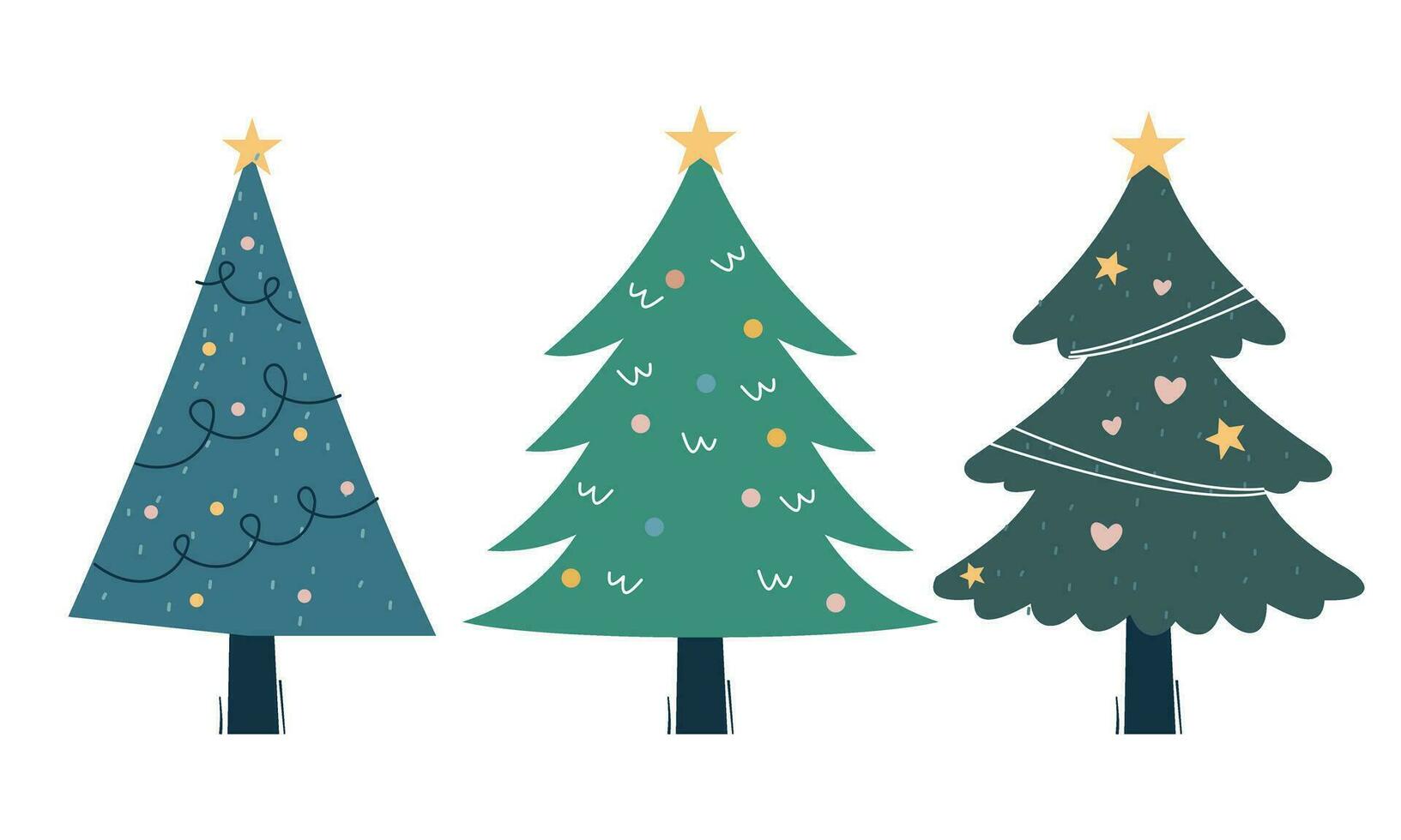 Collection of Christmas trees with decorations. Colorful vector illustration in flat cartoon style