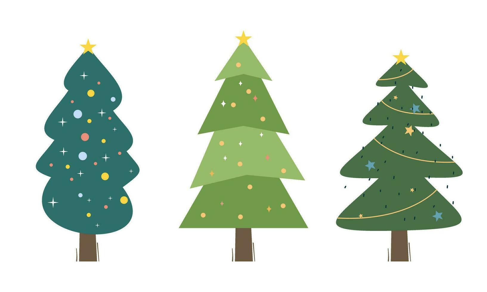 Collection of Christmas trees with decorations. Colorful vector illustration in flat cartoon style