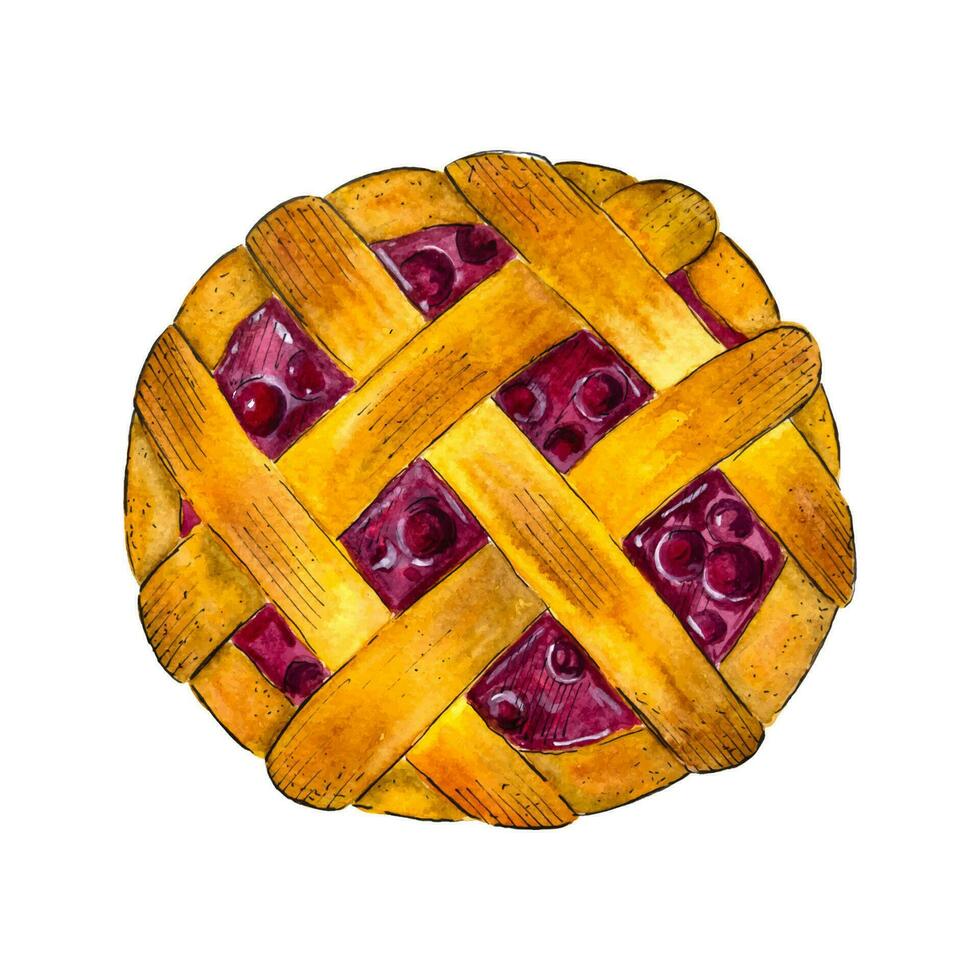 Hand drawn watercolor cherry pie. Isolated cherry pie. Watercolor cherry pie sketch. vector