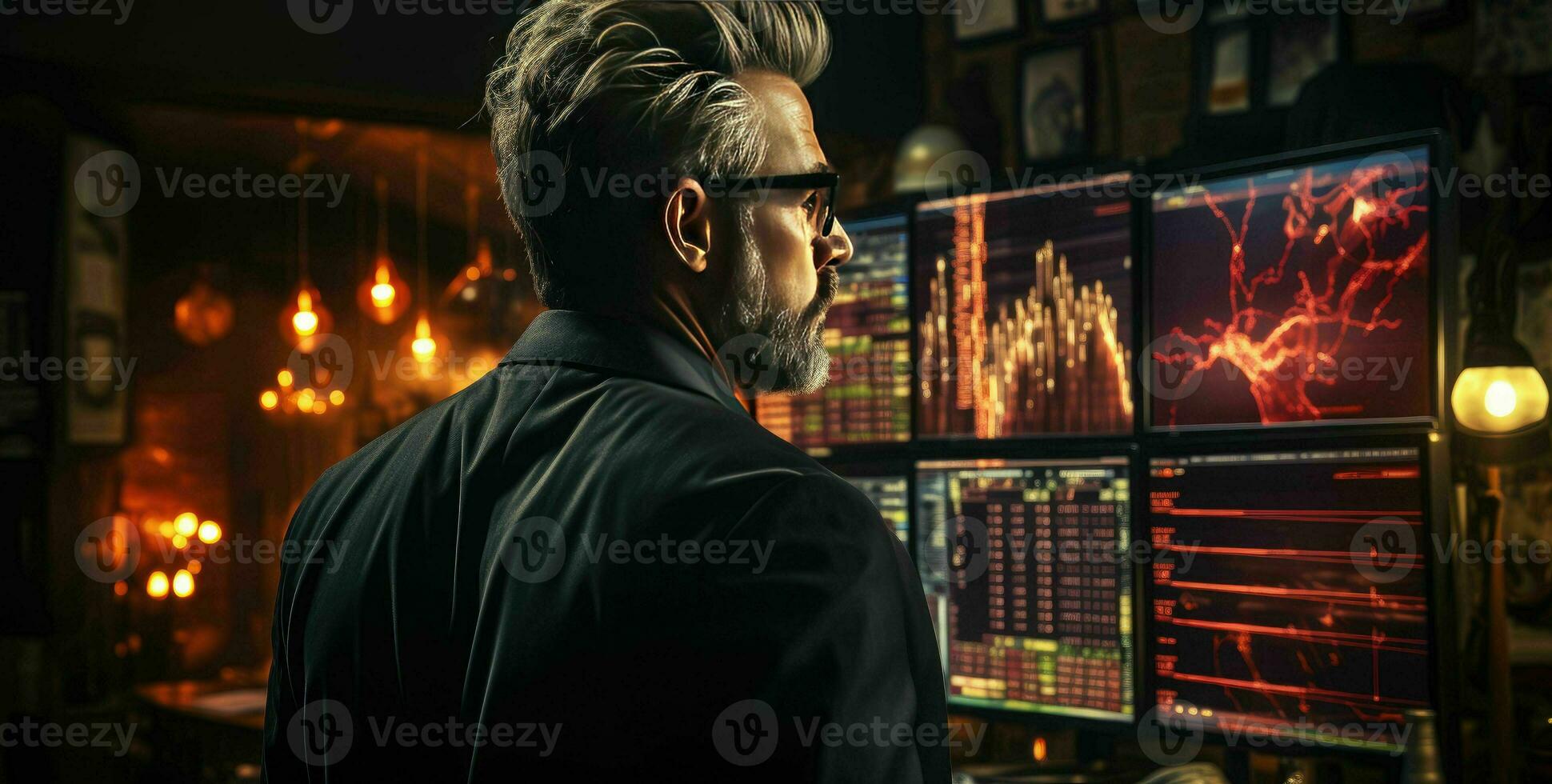 AI generated Finance trade manager analysing stock market indicators for best investment strategy, financial data and charts with business buildings in background photo