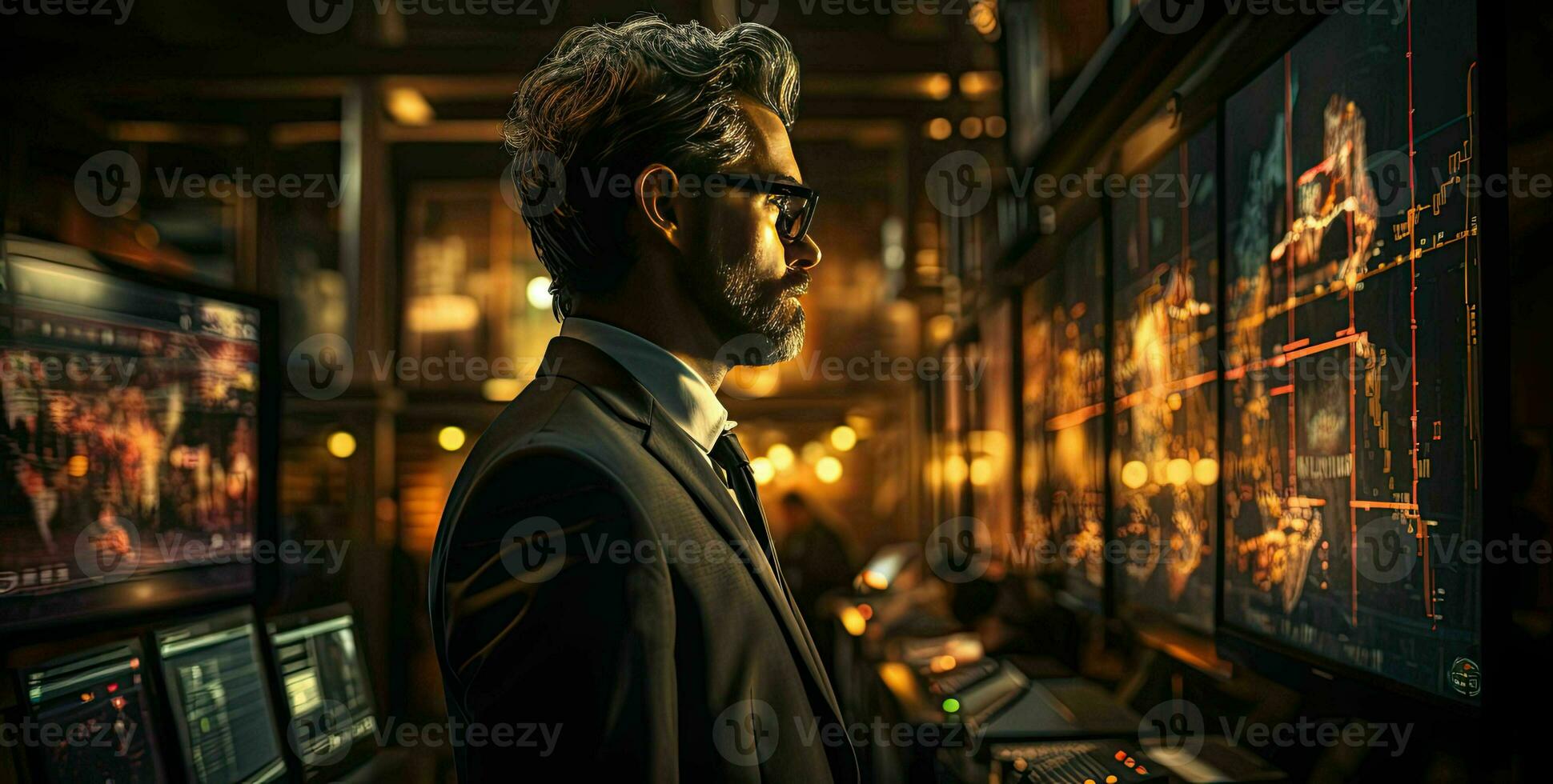 AI generated Finance trade manager analysing stock market indicators for best investment strategy, financial data and charts with business buildings in background photo