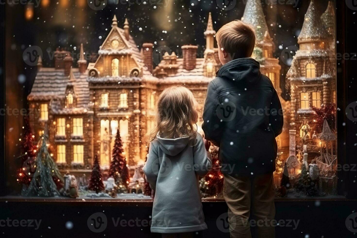 AI generated children looking a window of a christmas shop on christmas day photo