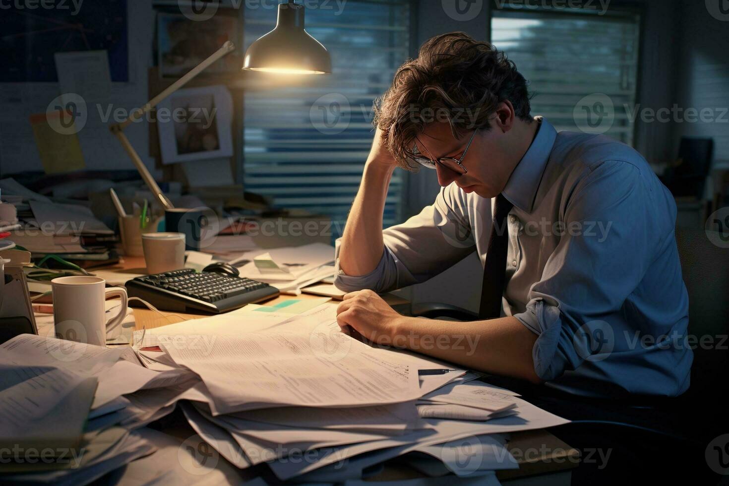 AI generated businessman Leaning in his work chair he looked bored on work desk documents photo