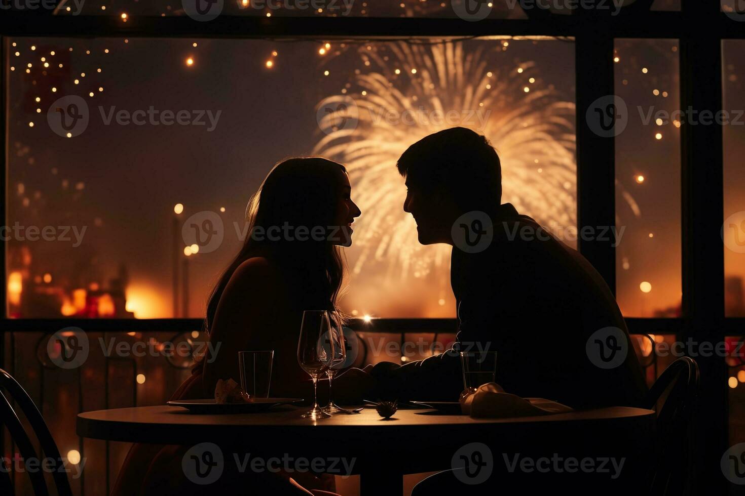 ai generado Pareja Fechado en restaurante, nuevo años día celebracion fuegos artificiales foto