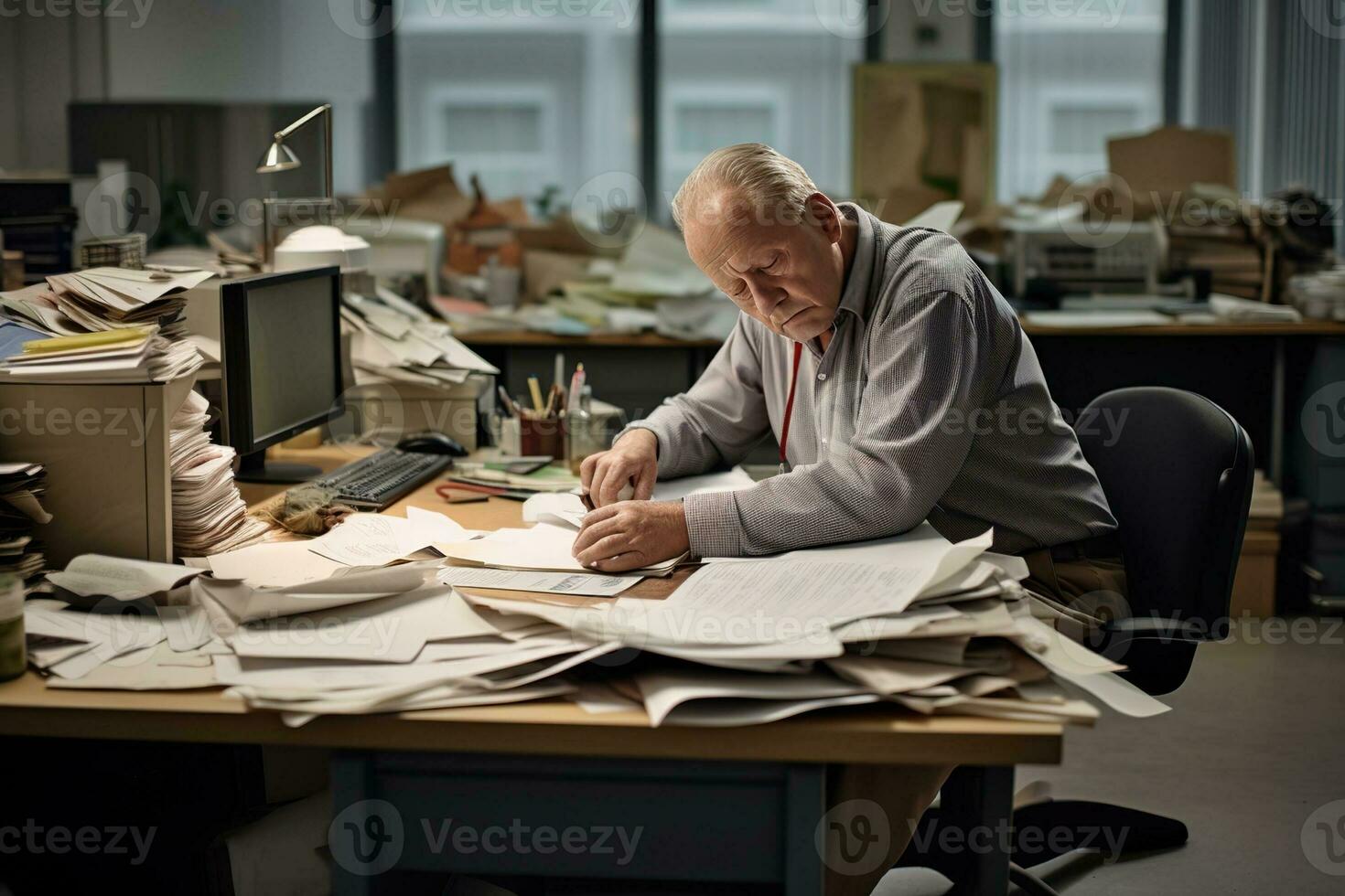 AI generated businessman Leaning in his work chair he looked bored on work desk documents photo