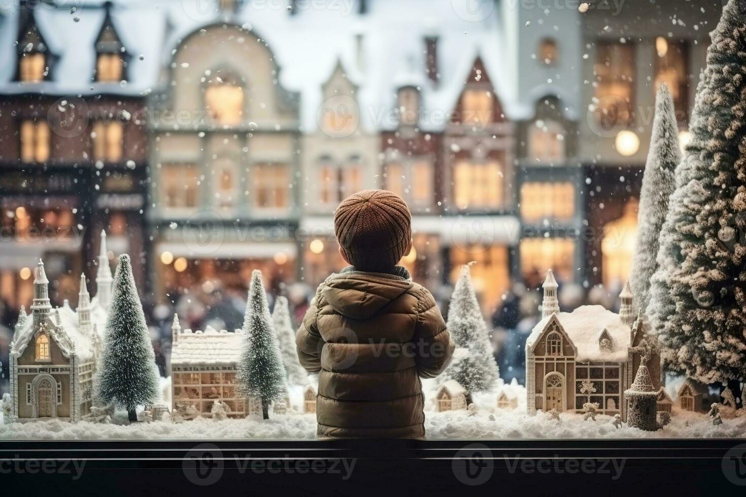 ai generado niños mirando un ventana de un Navidad tienda en Navidad día foto