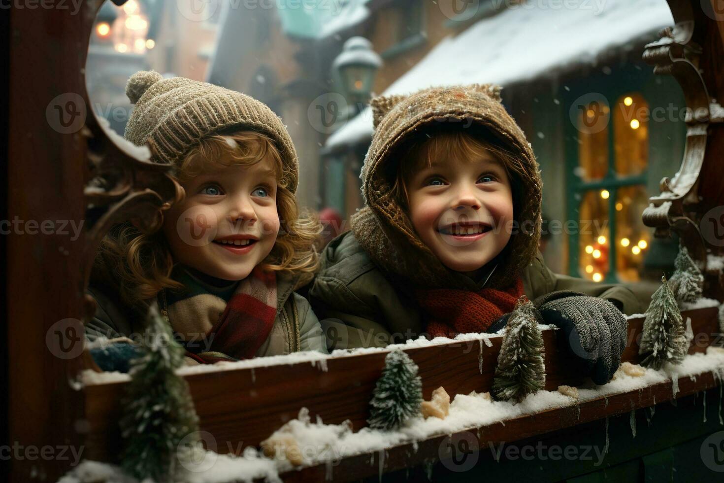 ai generado niños mirando un ventana de un Navidad tienda en Navidad día foto