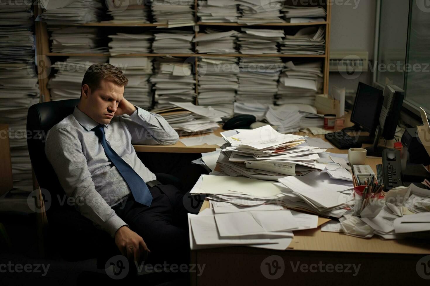 AI generated businessman Leaning in his work chair he looked bored on work desk documents photo