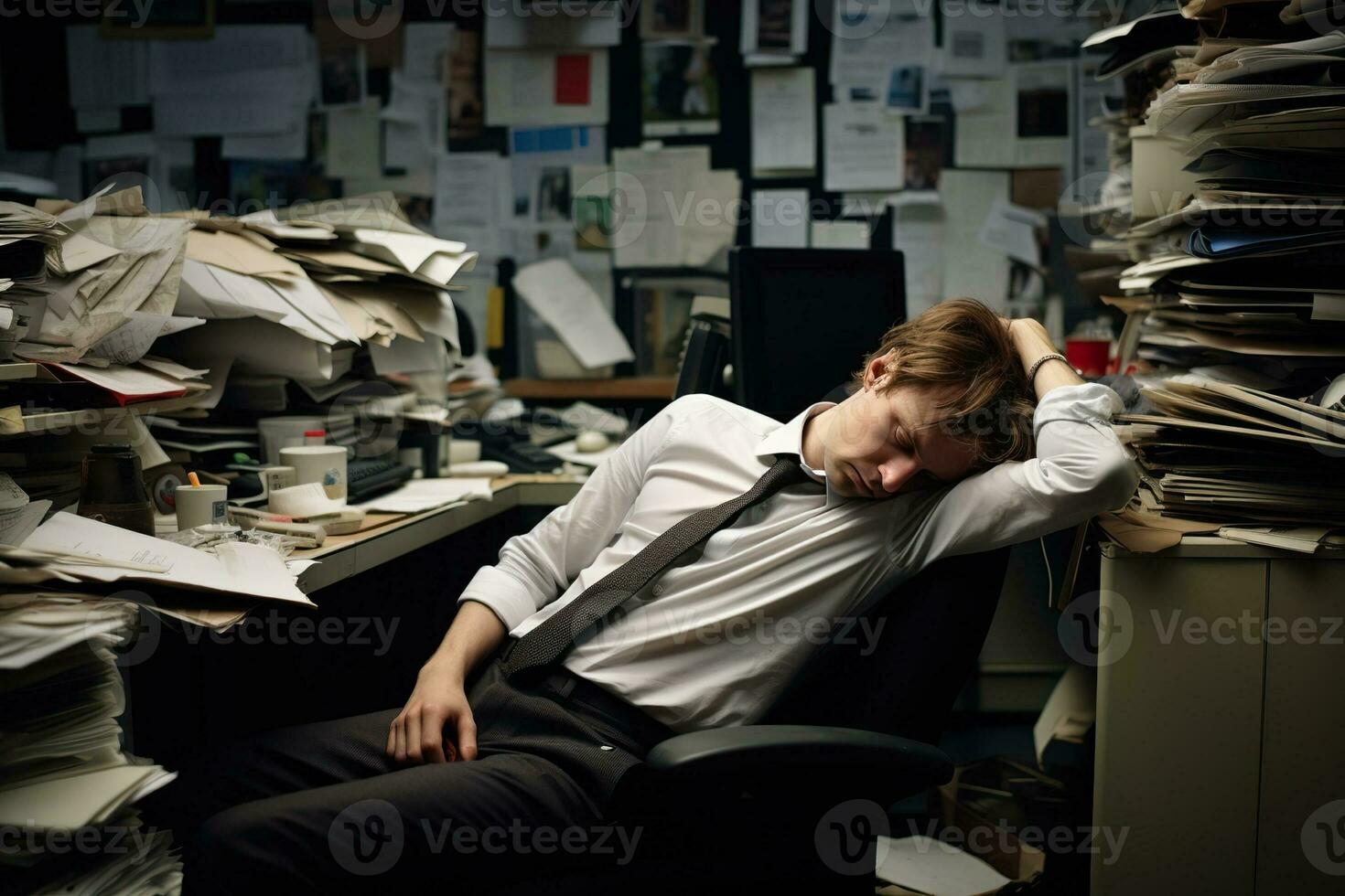 AI generated businessman Leaning in his work chair he looked bored on work desk documents photo