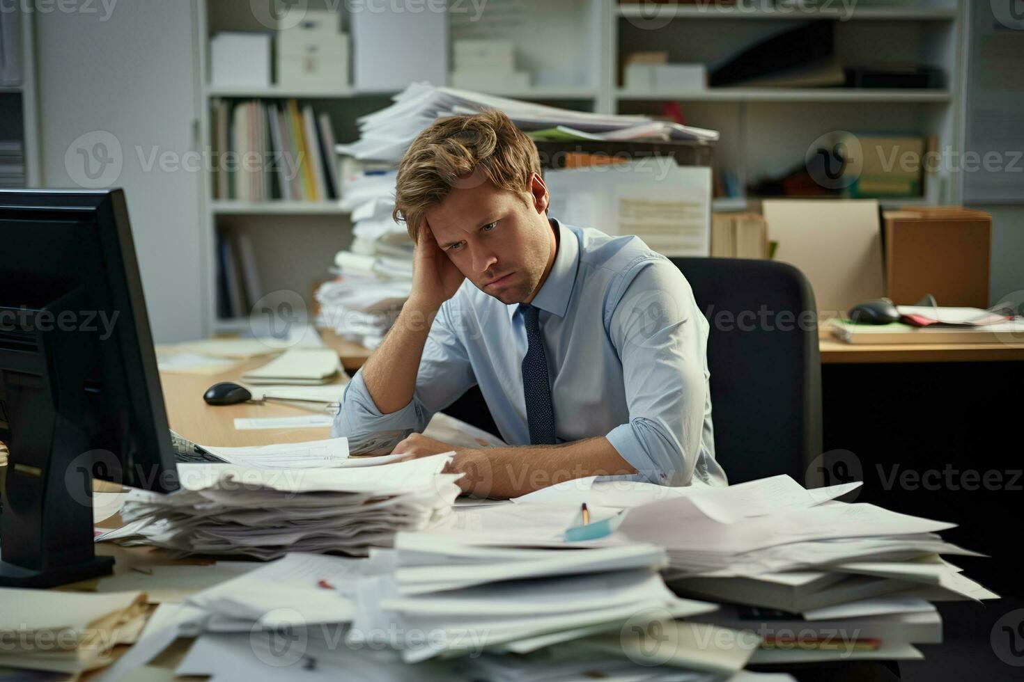 AI generated businessman Leaning in his work chair he looked bored on work desk documents photo