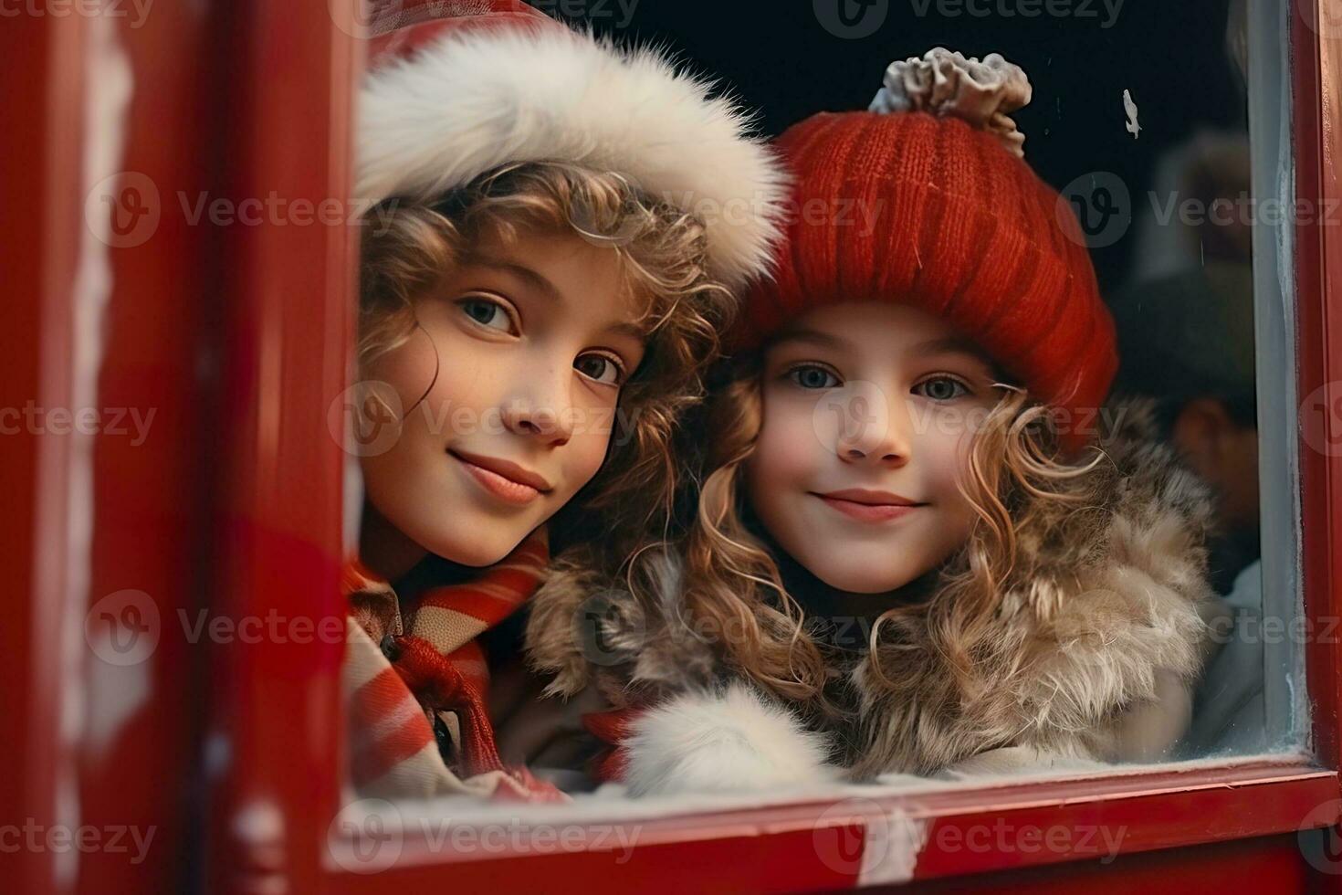 AI generated children looking a window of a christmas shop on christmas day photo