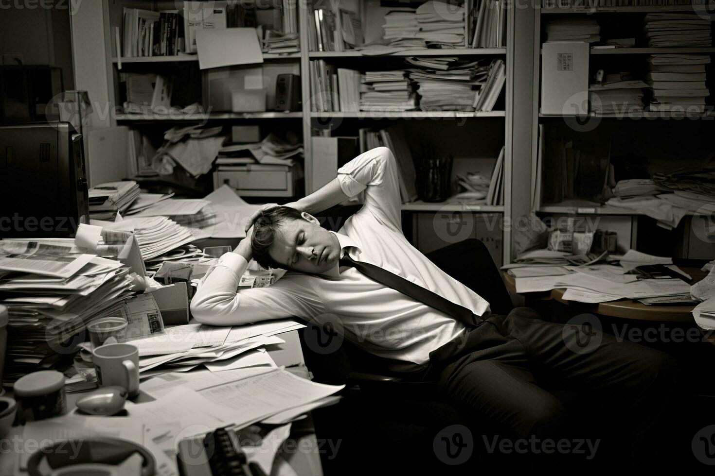 AI generated businessman Leaning in his work chair he looked bored on work desk documents photo