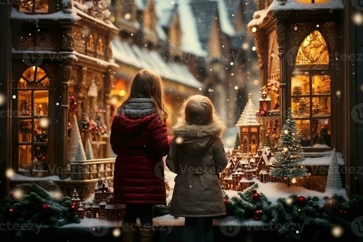 ai generado niños mirando un ventana de un Navidad tienda en Navidad día foto