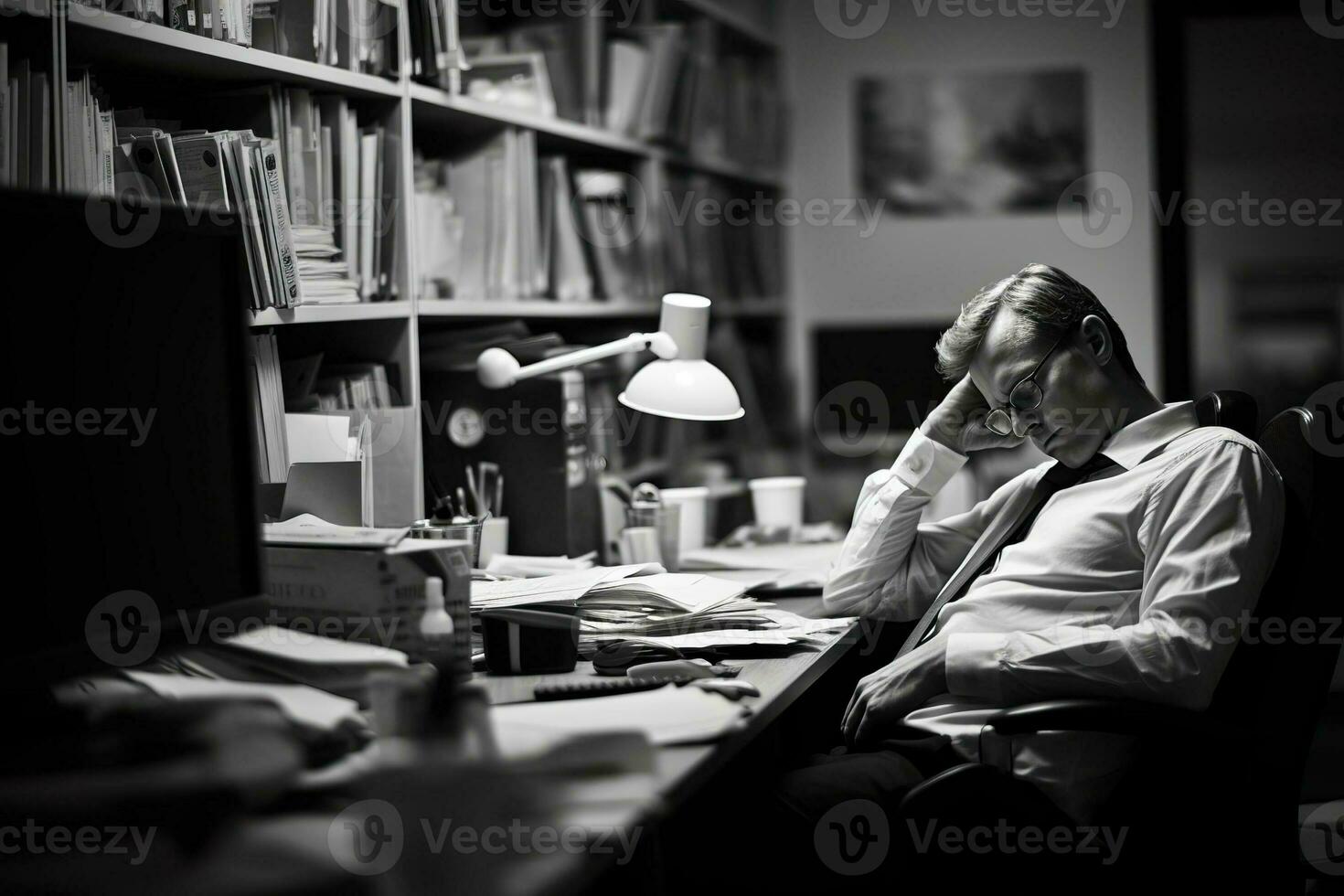 AI generated businessman Leaning in his work chair he looked bored on work desk documents photo