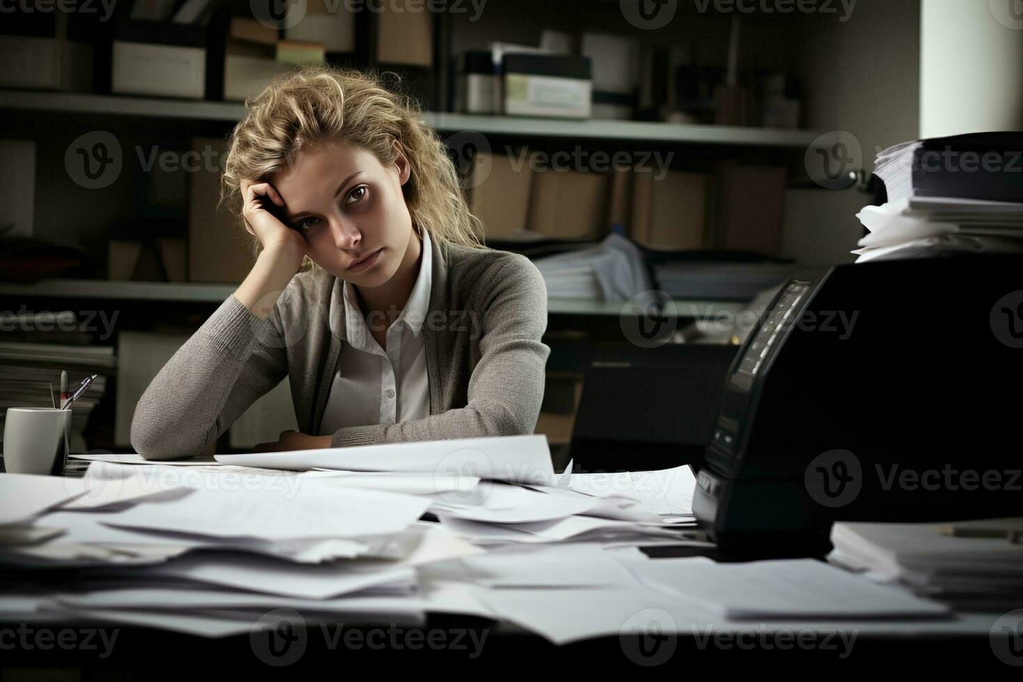 AI generated businessman Leaning in his work chair he looked bored on work desk documents photo