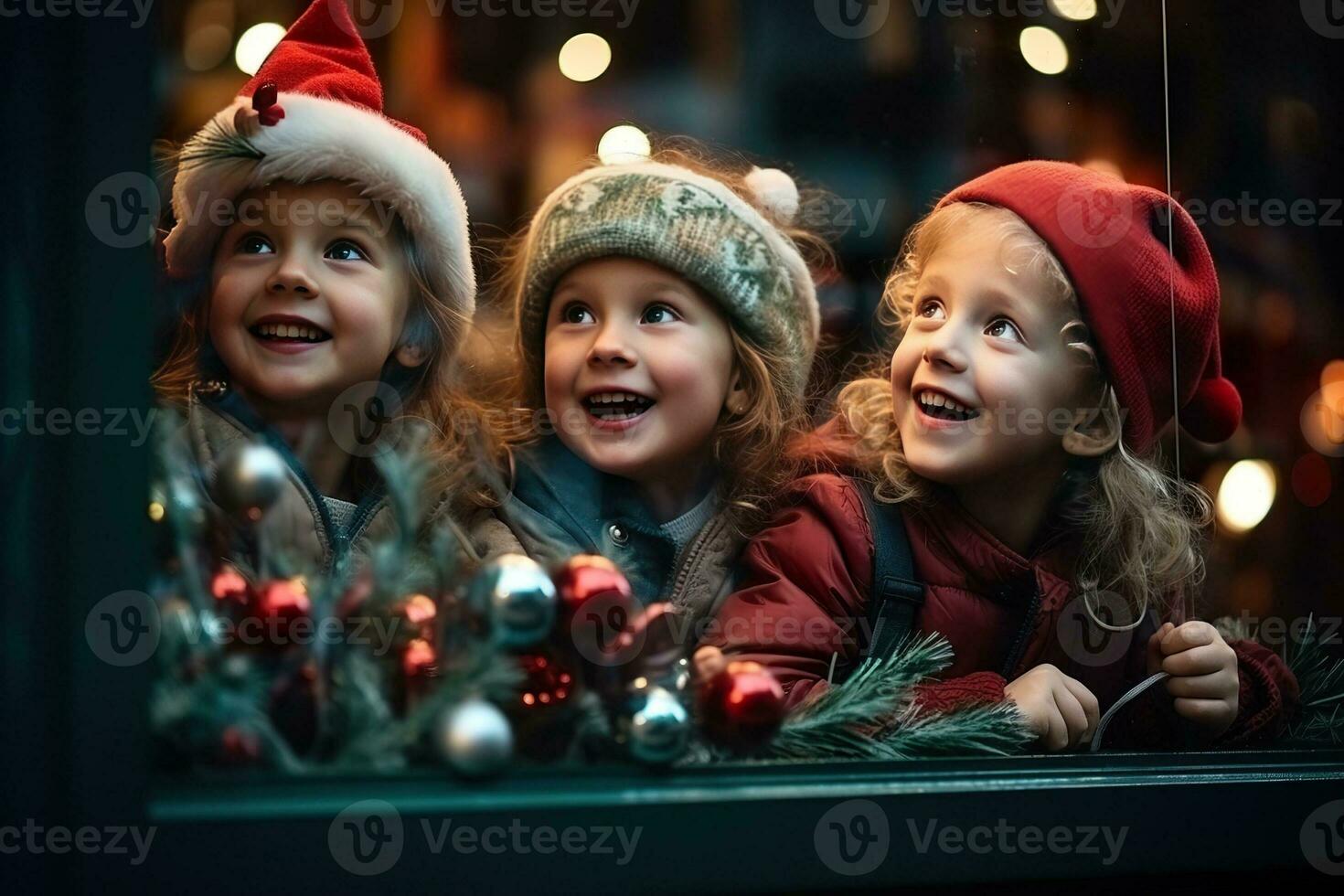 AI generated children looking a window of a christmas shop on christmas day photo