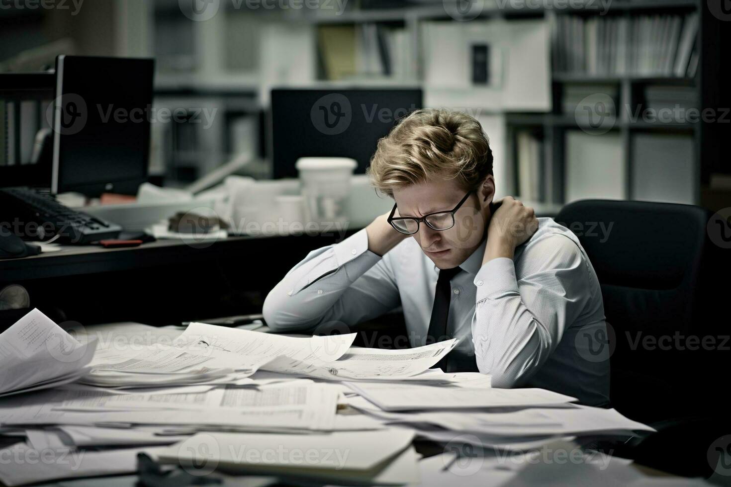 AI generated businessman Leaning in his work chair he looked bored on work desk documents photo