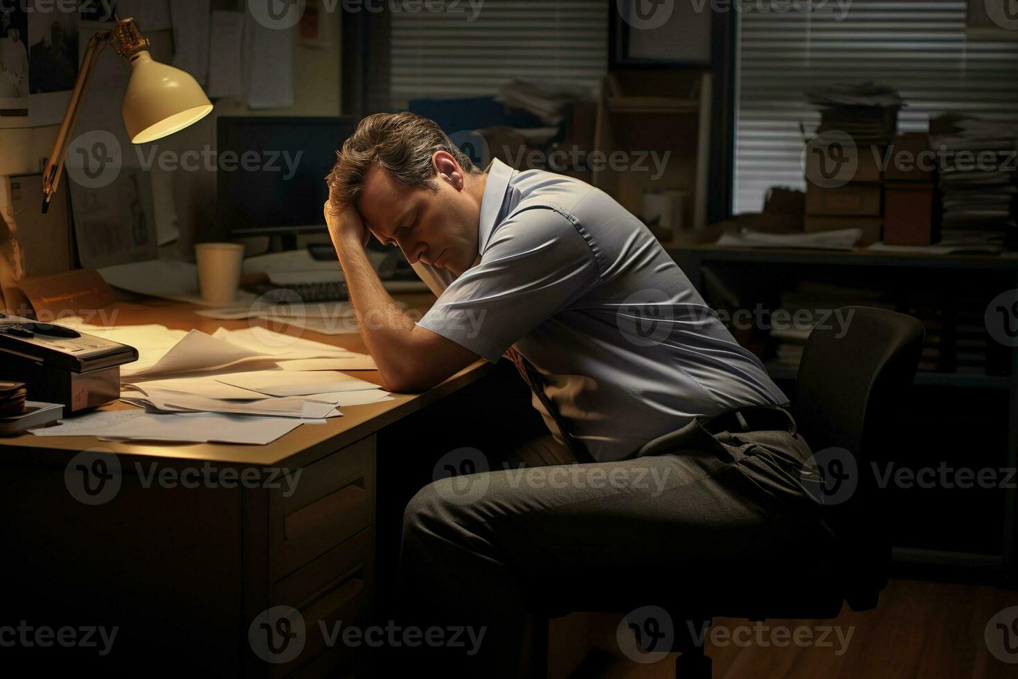 AI generated businessman Leaning in his work chair he looked bored on work desk documents photo