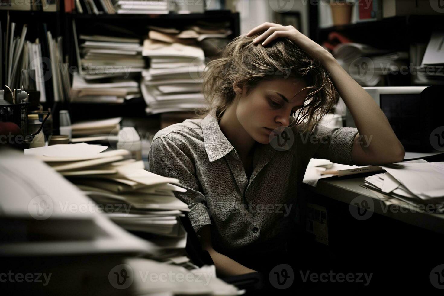 AI generated businessman Leaning in his work chair he looked bored on work desk documents photo