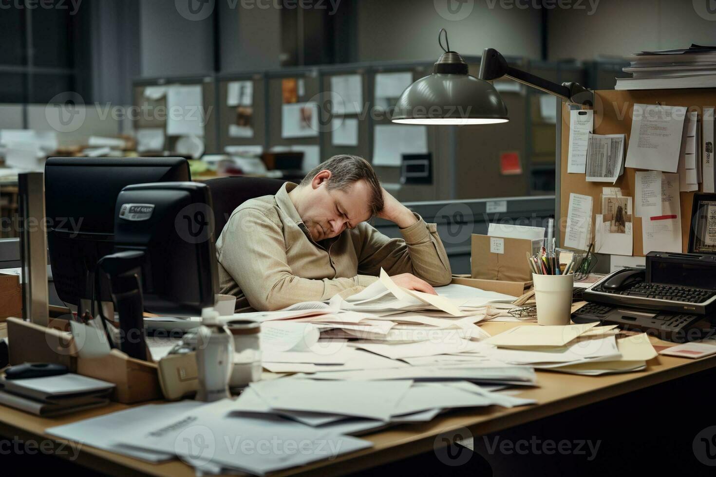 AI generated businessman Leaning in his work chair he looked bored on work desk documents photo