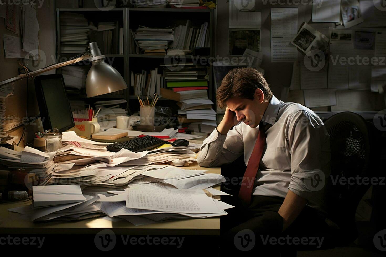 AI generated businessman Leaning in his work chair he looked bored on work desk documents photo