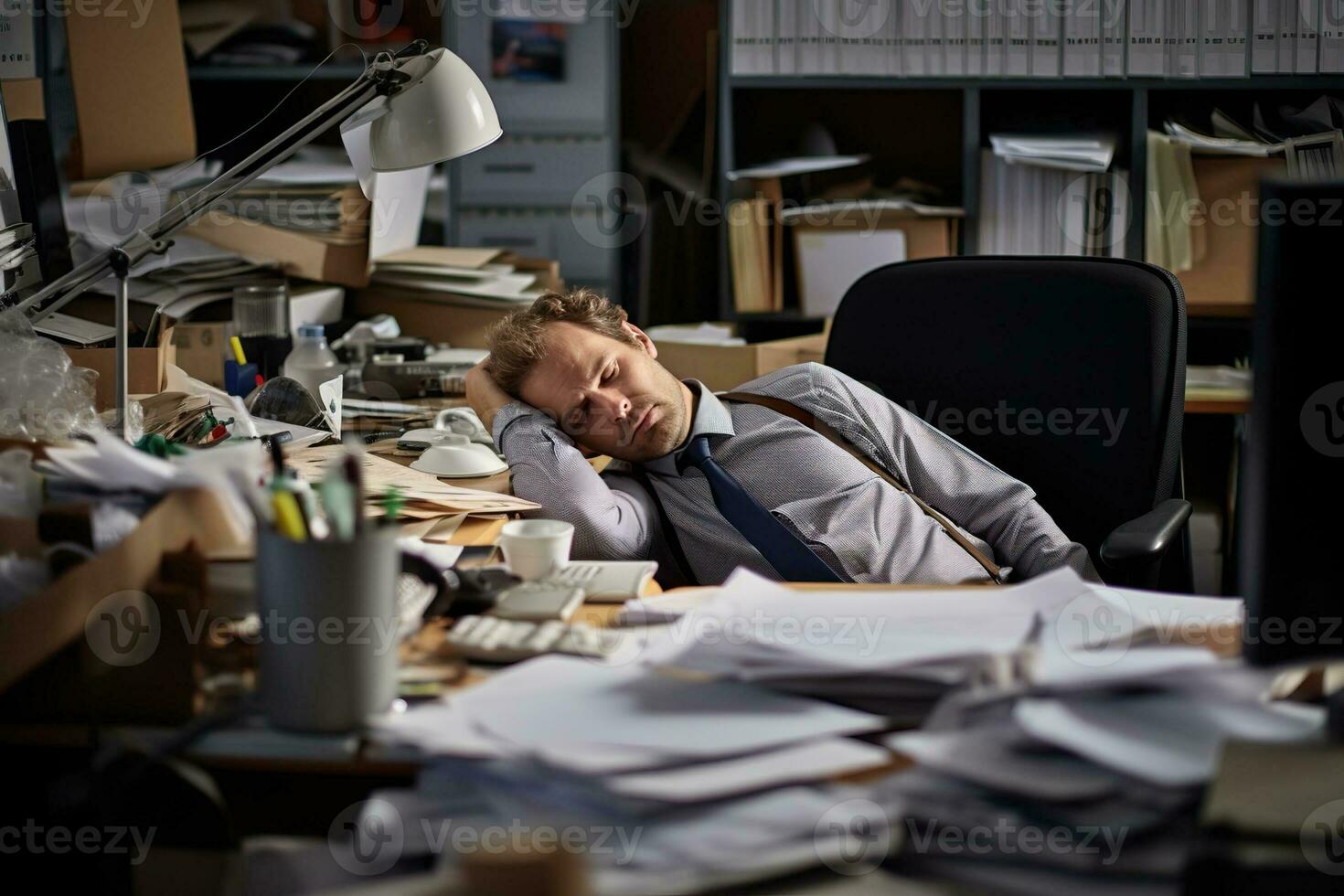 AI generated businessman Leaning in his work chair he looked bored on work desk documents photo