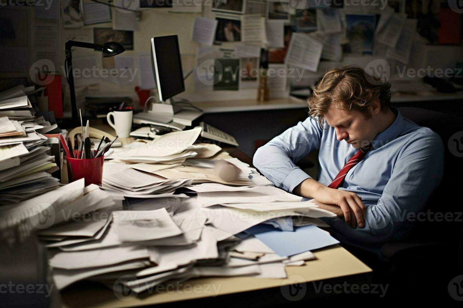 ai generado empresario propensión en su trabajo silla él miró aburrido en trabajo escritorio documentos foto