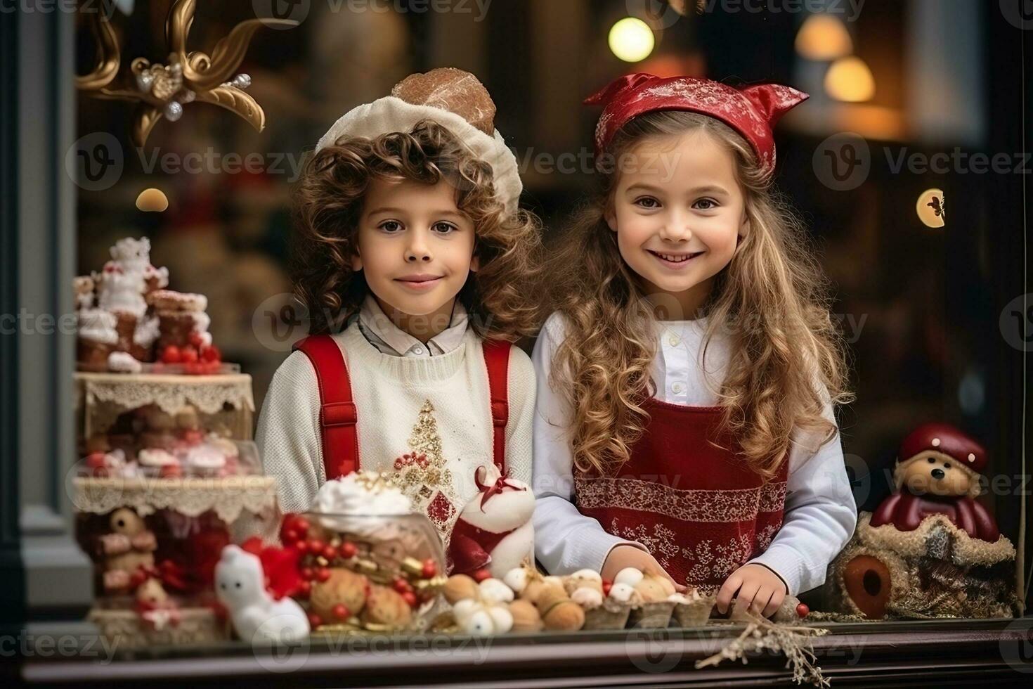 ai generado niños mirando un ventana de un Navidad tienda en Navidad día foto