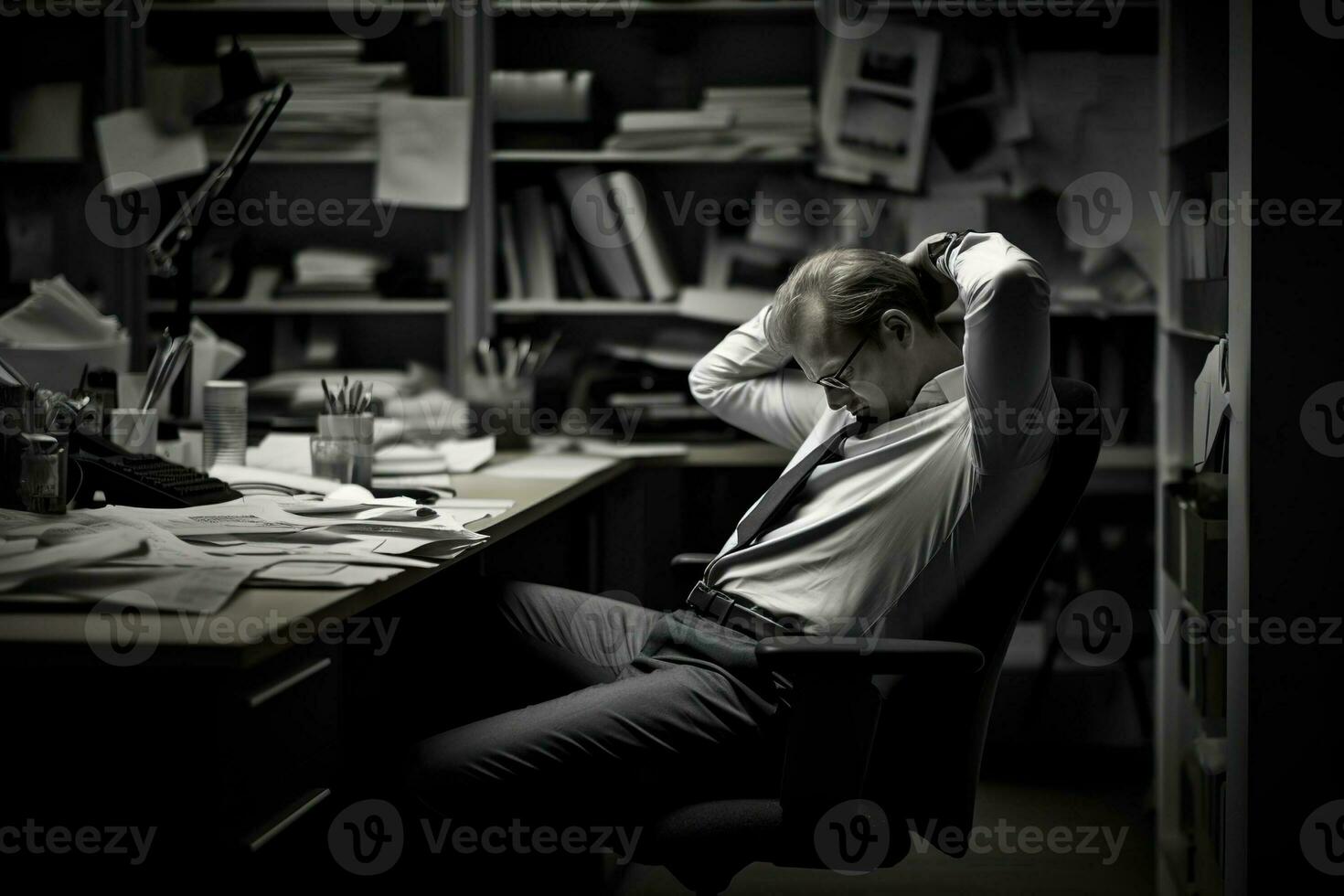 AI generated businessman Leaning in his work chair he looked bored on work desk documents photo