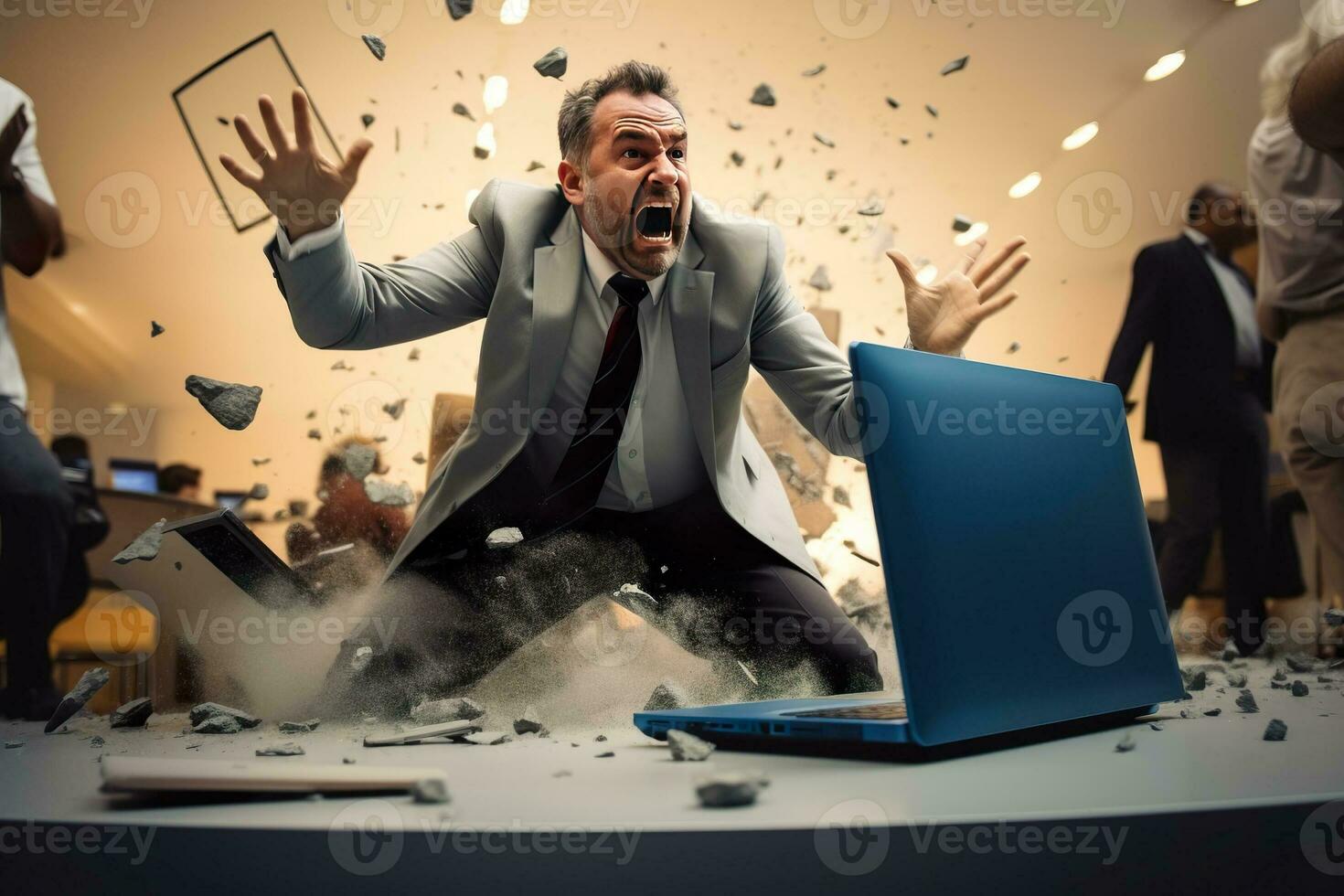 AI generated A angry businessman Throw a broken computer on the floor photo