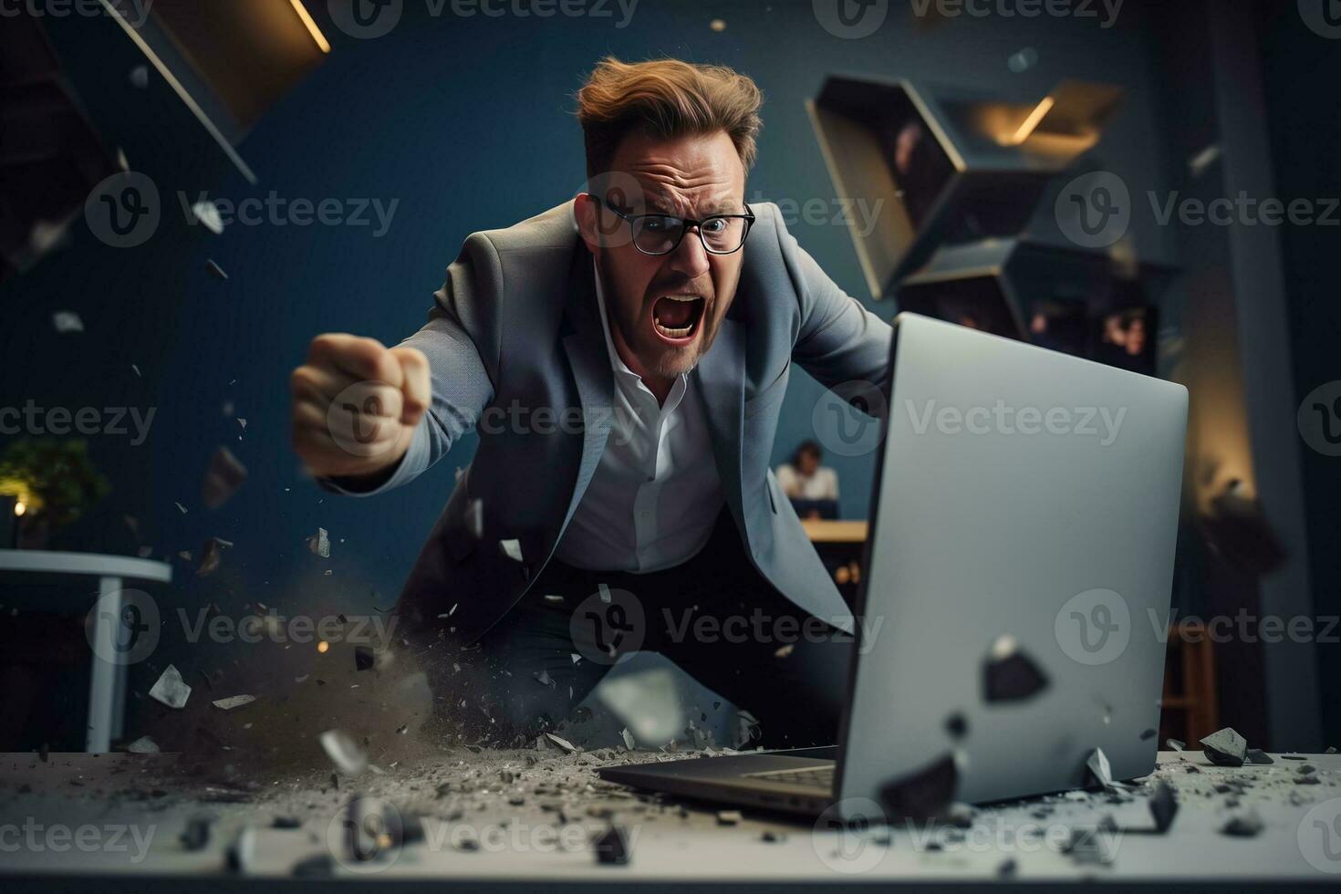 AI generated A angry businessman Throw a broken computer on the floor photo