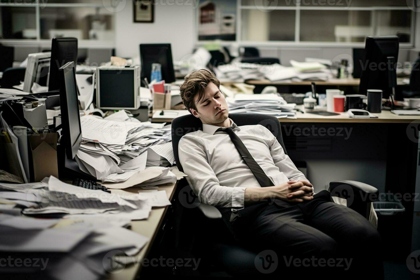 AI generated businessman Leaning in his work chair he looked bored on work desk documents photo