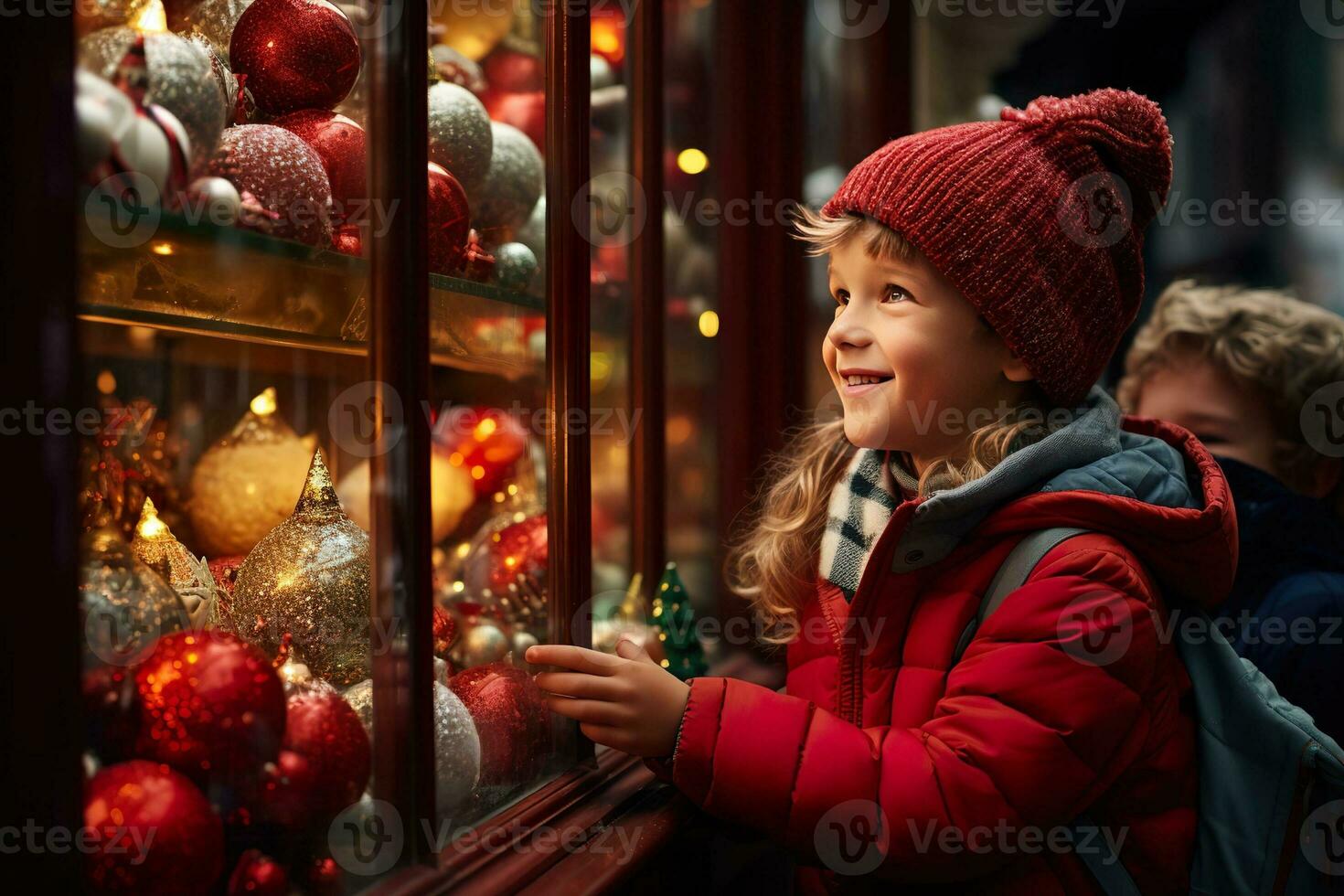 ai generado niños mirando un ventana de un Navidad tienda en Navidad día foto