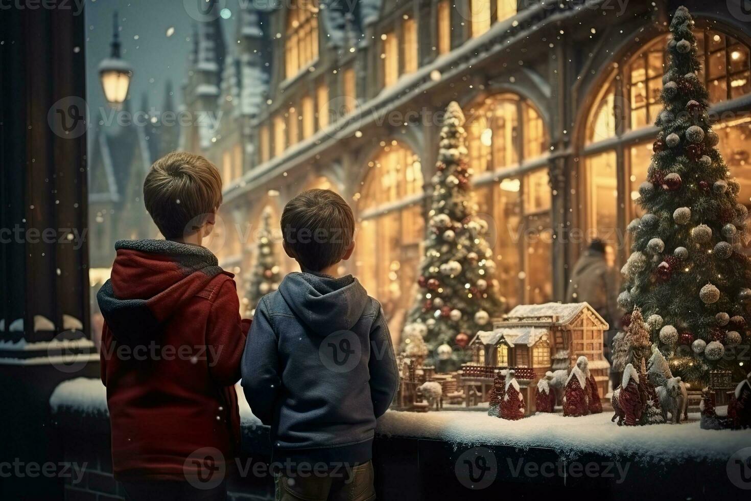 AI generated children looking a window of a christmas shop on christmas day photo
