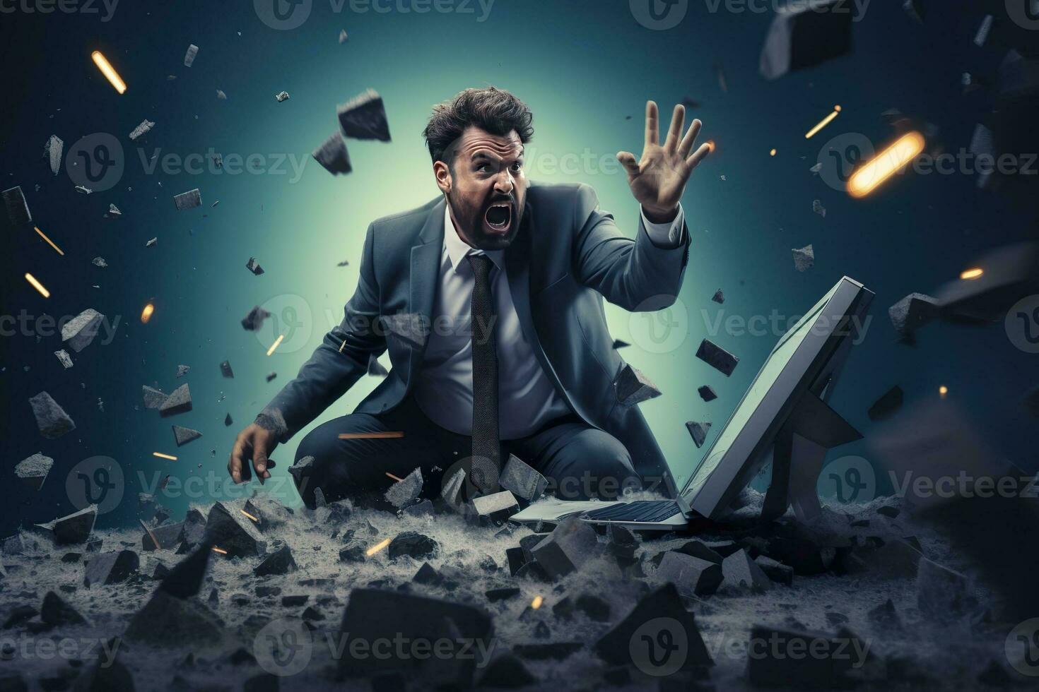 AI generated A angry businessman Throw a broken computer on the floor photo