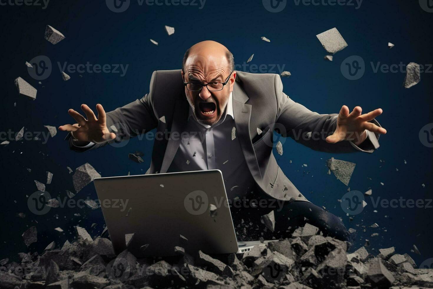 AI generated A angry businessman Throw a broken computer on the floor photo