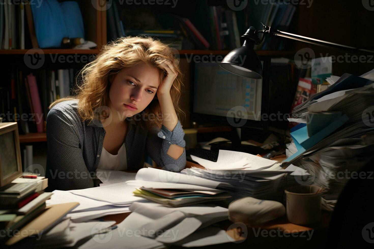 AI generated businessman Leaning in his work chair he looked bored on work desk documents photo