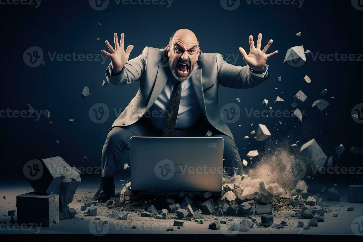 AI generated A angry businessman Throw a broken computer on the floor photo