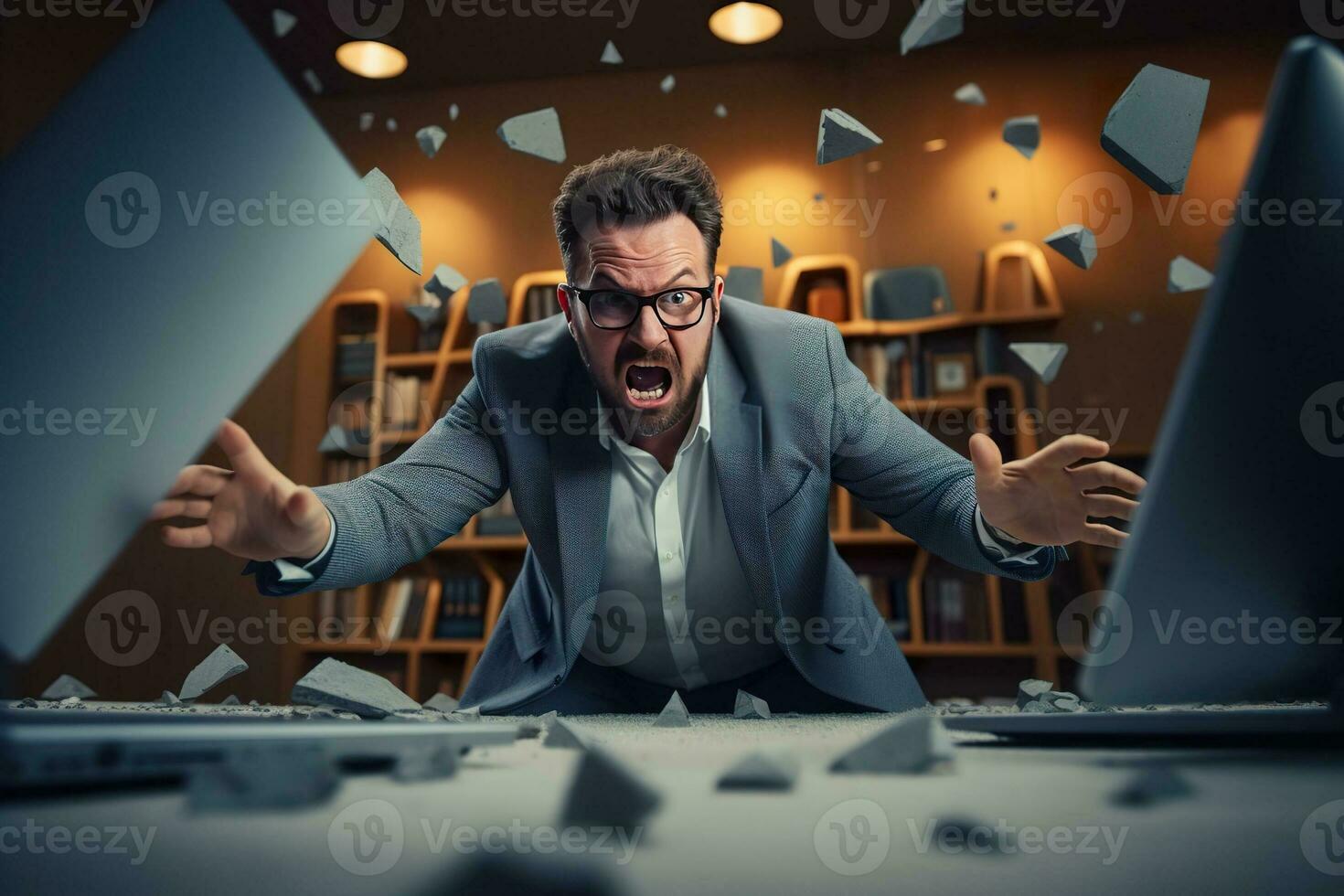 AI generated A angry businessman Throw a broken computer on the floor photo