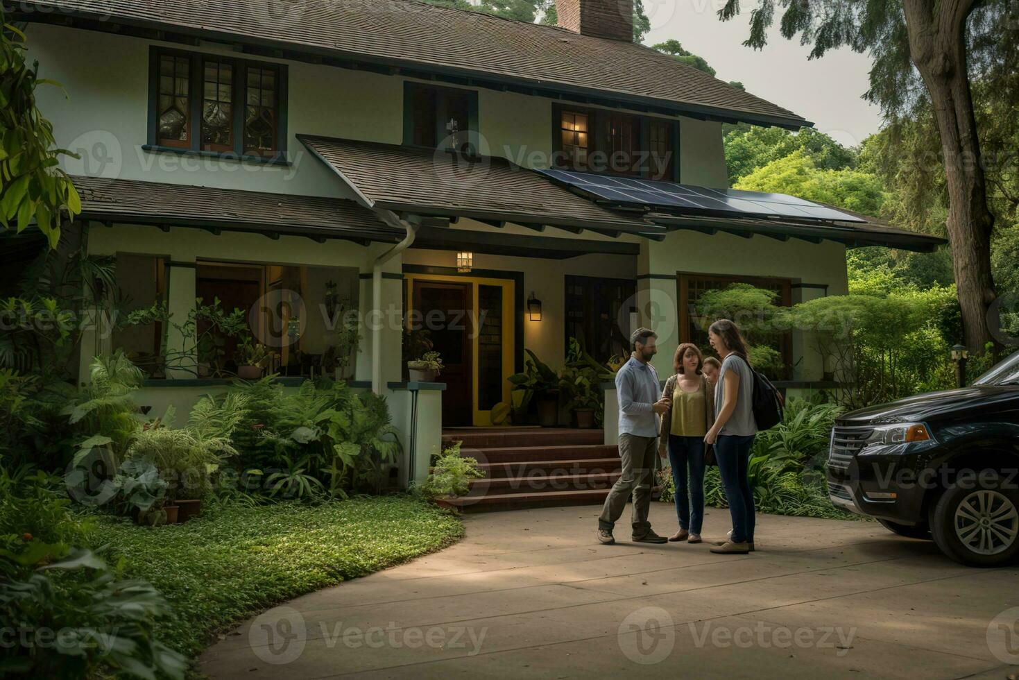 ai generado un contento Pareja y un grande casa con solar paneles instalado foto