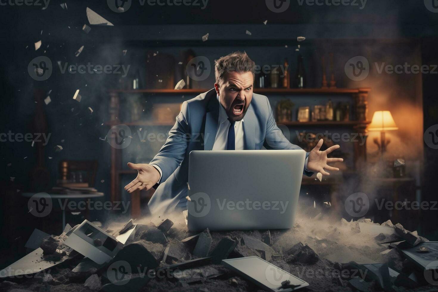 AI generated A angry businessman Throw a broken computer on the floor photo