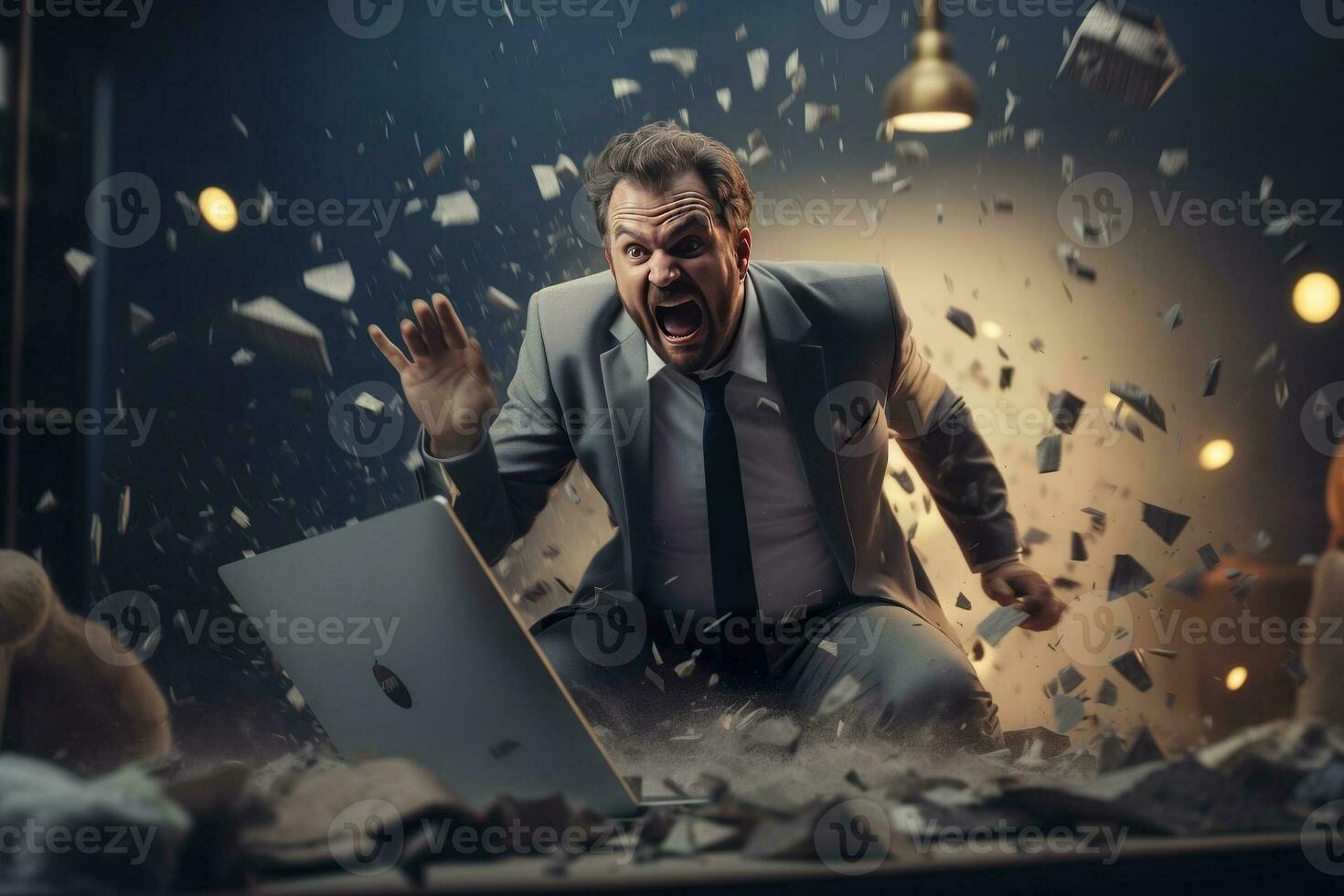 AI generated A angry businessman Throw a broken computer on the floor photo