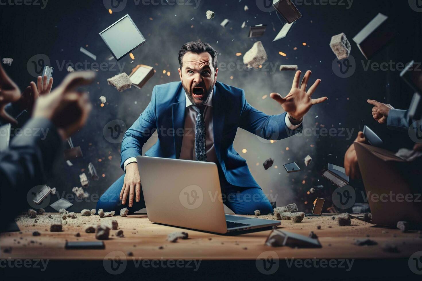AI generated A angry businessman Throw a broken computer on the floor photo