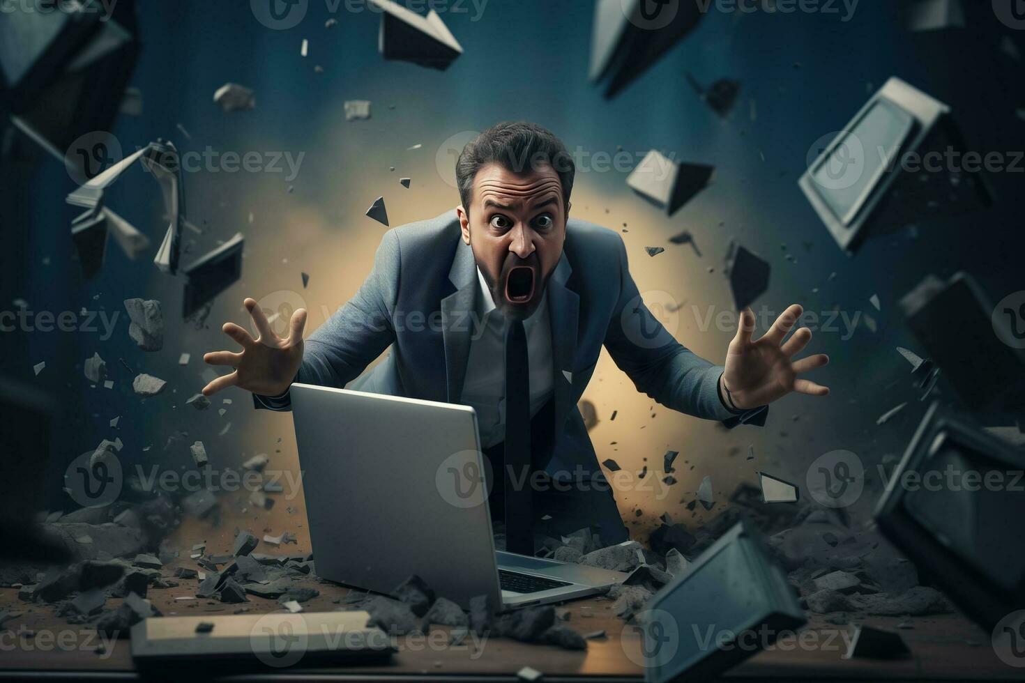 AI generated A angry businessman Throw a broken computer on the floor photo