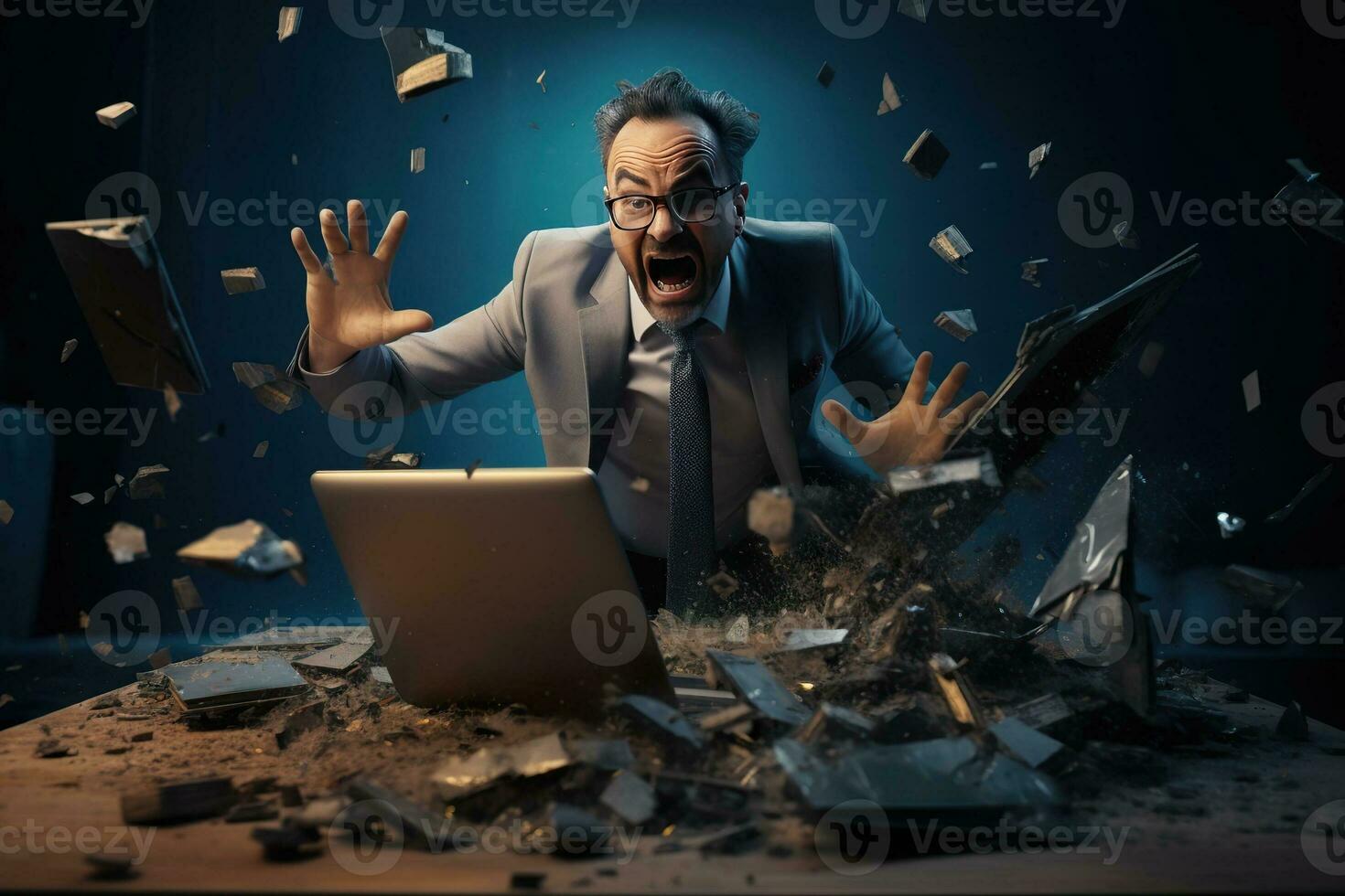 AI generated A angry businessman Throw a broken computer on the floor photo