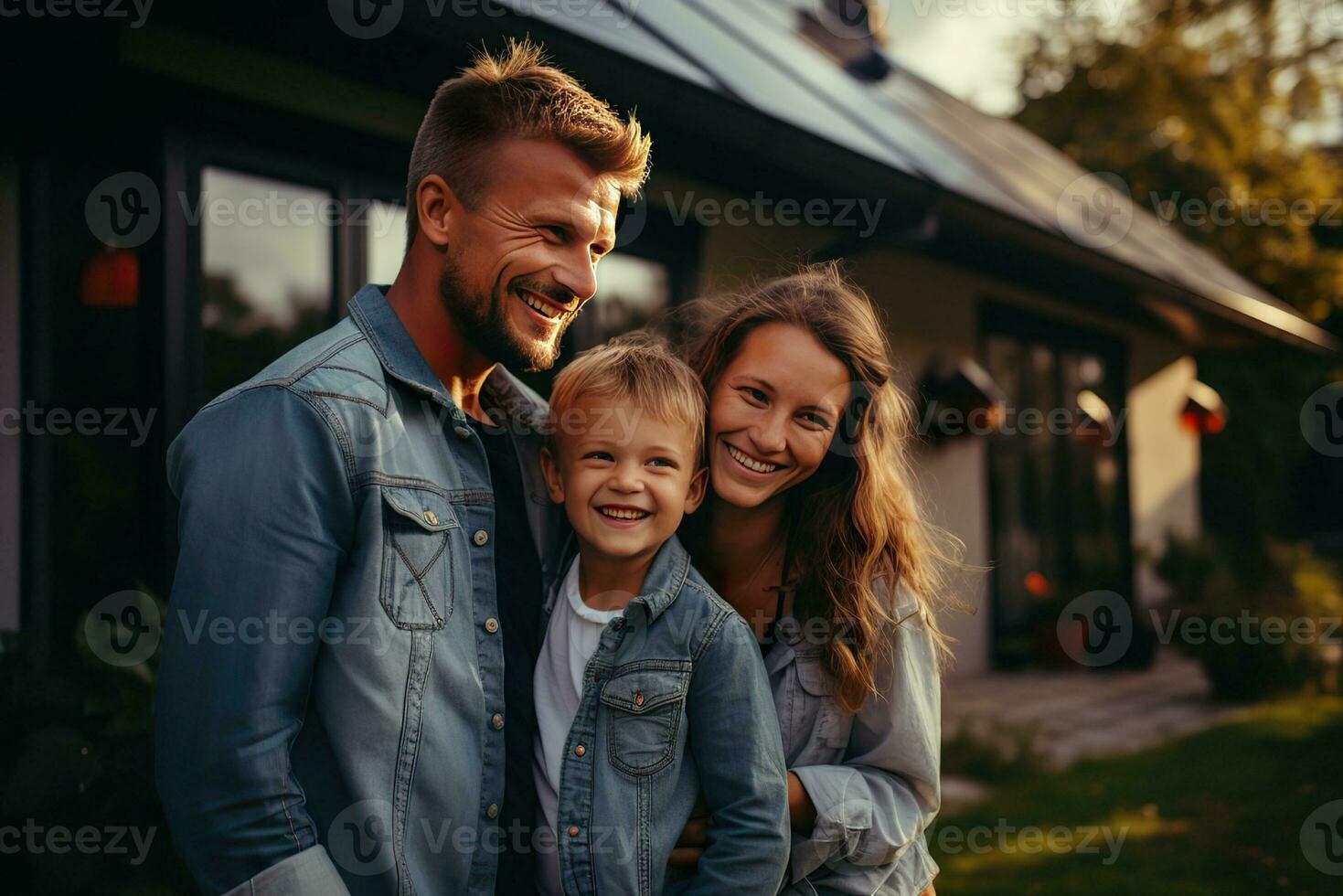 ai generado un contento Pareja y un grande casa con solar paneles instalado foto